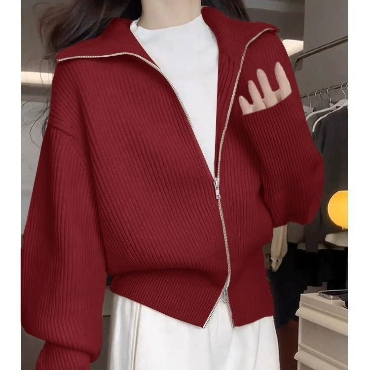 Womens Double Zippered Lapel Knitted Cardigan For FallWinter Soft Cozy And Perfect As A Short Outer Layer Or Top