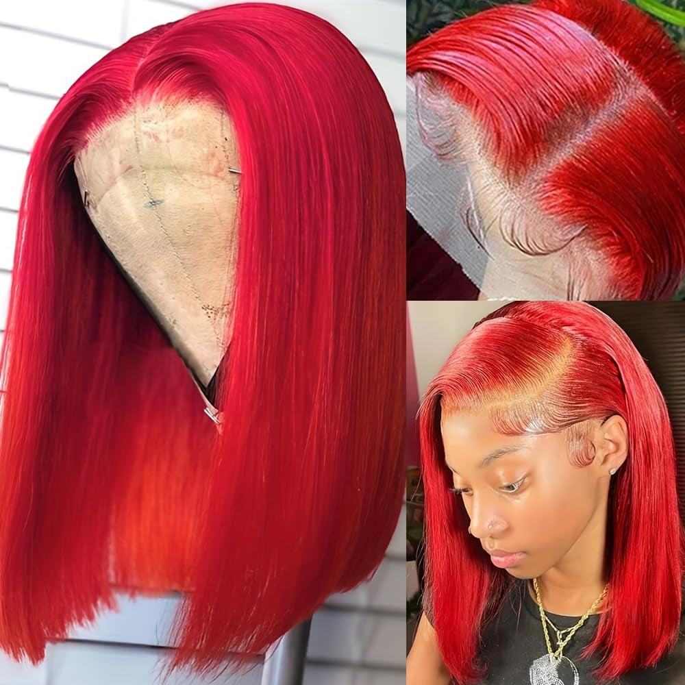 Hot Red Bob Wigs Human Hair 13X4 Straight HD Red Bob Lace Front Wigs Human Hair Wear and Go Glueless Wig Human Hair Pre Plucked HD Lace Frontal Wig with Natural Hairline Short Bob Wigs for Black Women