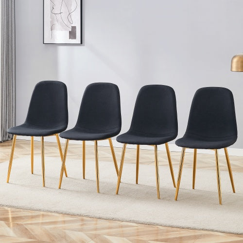 Luxury Simple Chair - Set Of 4 BLACK Linen-Cotton Material High Resilience Dining Chair With Metal Golden Leg.Integral Metal Leg Architecture,Suitable For Various Interior Decoration Styles.
