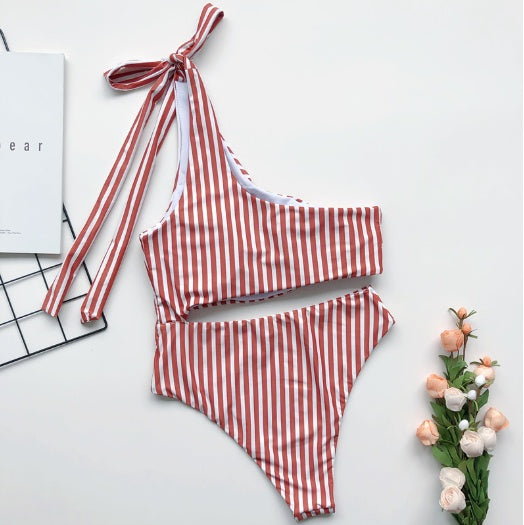 Striped Cut-out One Shoulder One Piece Swimsuit