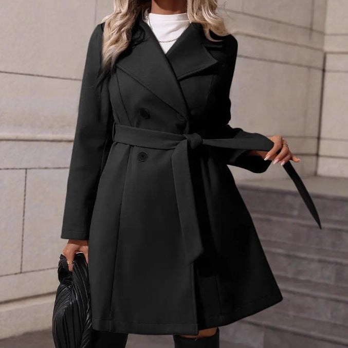 Women's Elegant Lace-up Solid Color Slim-fit Woolen Coat