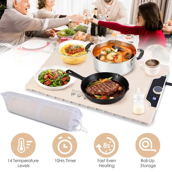 Food Warming Mat 23.6X15.8In 300W Fast Heating Electric Silicone Food Warmer With 14 Temp Levels 10Hrs Timer Settings Roll-Up Portable Hot Plates Heat Pad For Parties Buffet