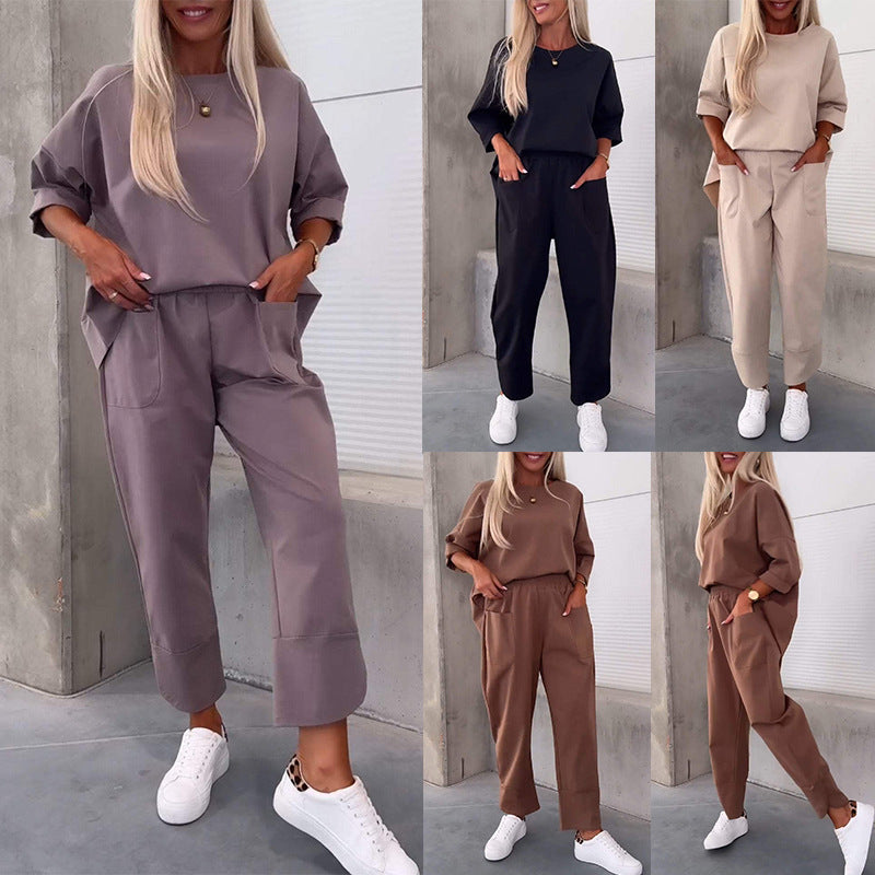 Two-piece Solid Color Round Neck Cropped Pants Set