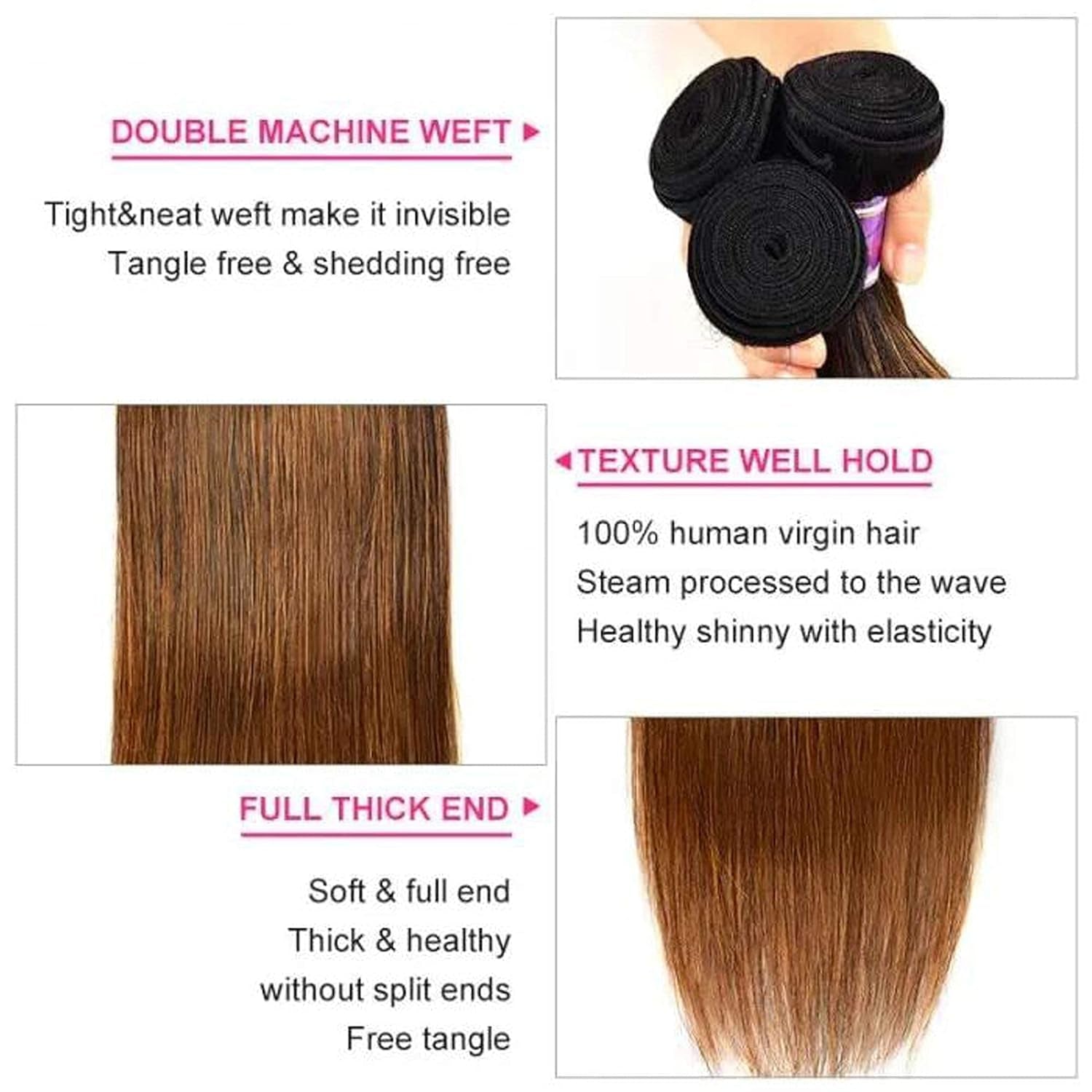 Brown Blonde Straight Human Hair Weave 3 Bundles, Brazilian 100% Virgin Unprocessed Remy Hair Ombre Highlight Color Hair Extensions 100G/Pc (10 12 14)