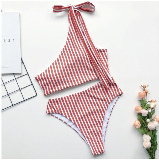 Striped Cut-out One Shoulder One Piece Swimsuit