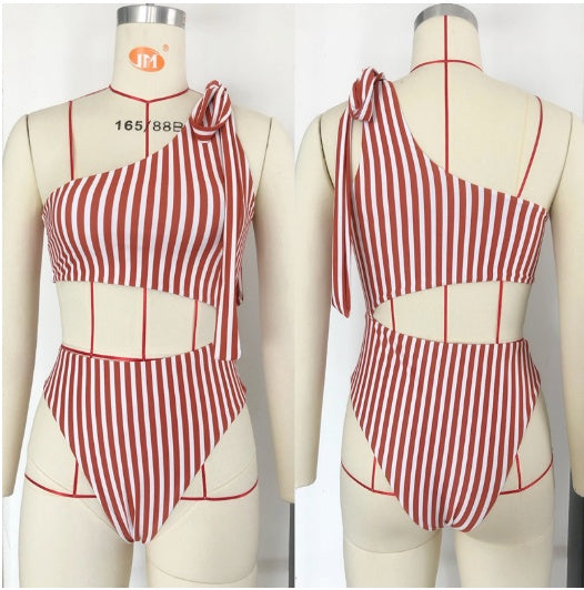Striped Cut-out One Shoulder One Piece Swimsuit