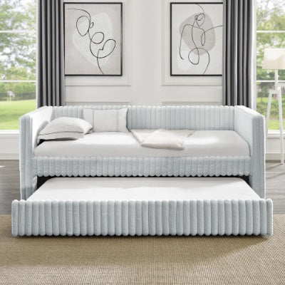 Twin Size Daybed, Upholstered Sofa Bed,The Bottom Pulls Out To Form A Bed ,Striped Corduroy Fabric- Beige 86x43.5x34