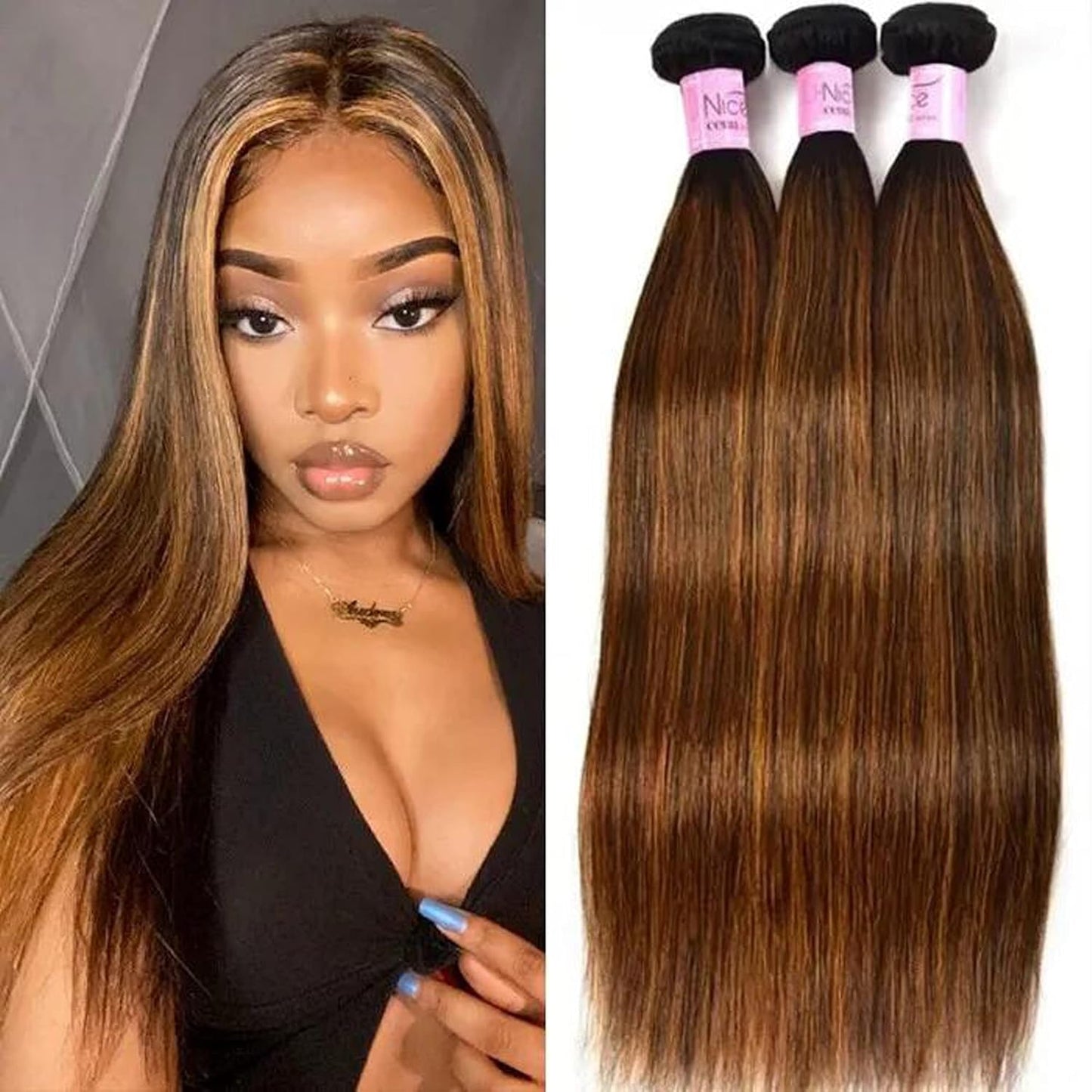 Brown Blonde Straight Human Hair Weave 3 Bundles, Brazilian 100% Virgin Unprocessed Remy Hair Ombre Highlight Color Hair Extensions 100G/Pc (10 12 14)