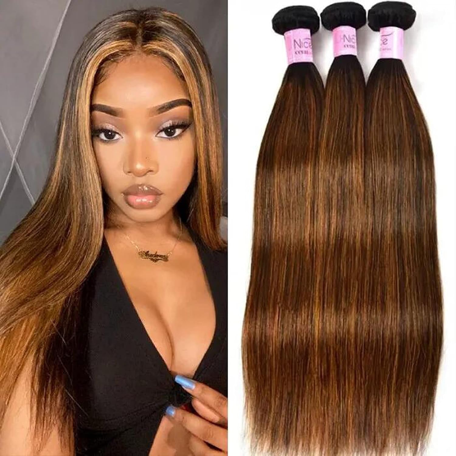 Brown Blonde Straight Human Hair Weave 3 Bundles, Brazilian 100% Virgin Unprocessed Remy Hair Ombre Highlight Color Hair Extensions 100G/Pc (10 12 14)