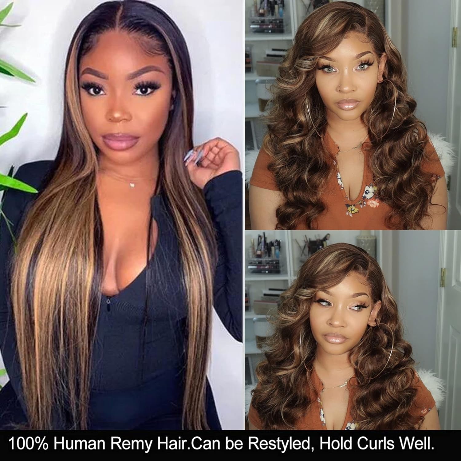 Brown Blonde Straight Human Hair Weave 3 Bundles, Brazilian 100% Virgin Unprocessed Remy Hair Ombre Highlight Color Hair Extensions 100G/Pc (10 12 14)
