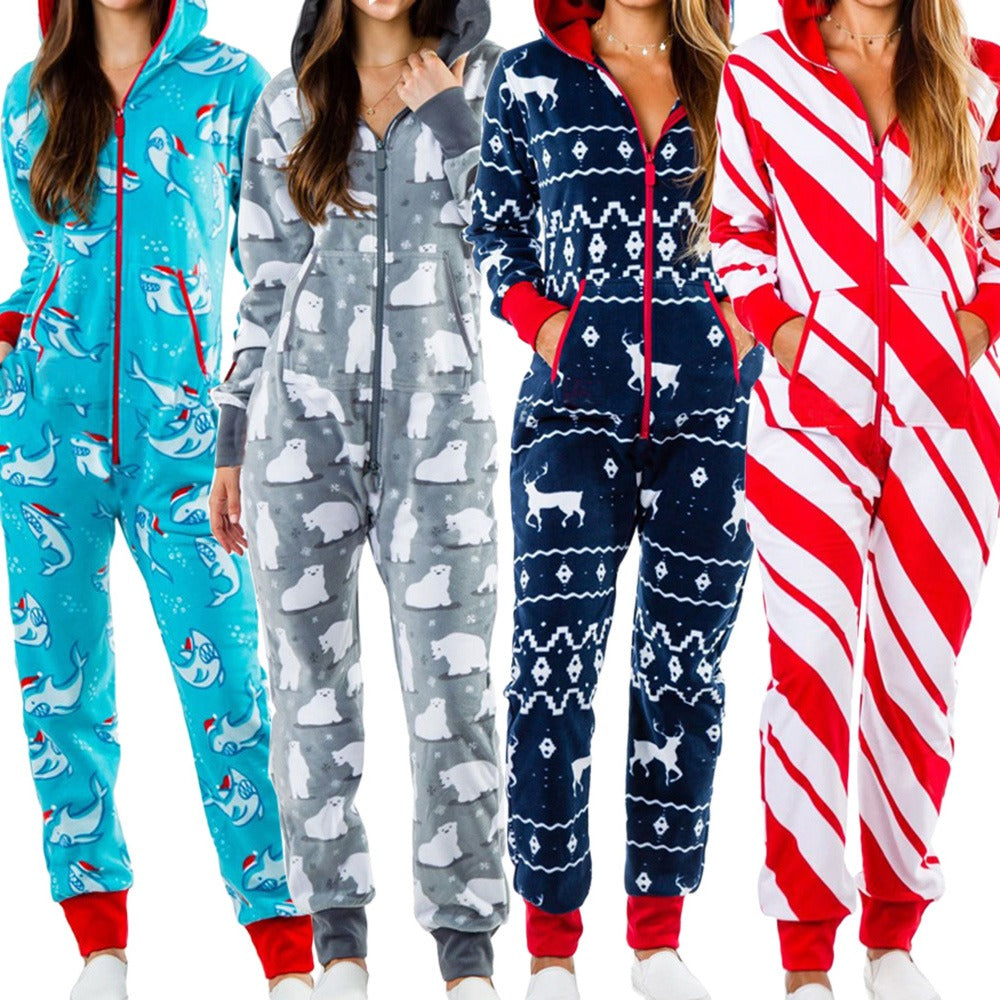 Christmas One-piece Pajamas Female Couple Hooded Home Service Jumpsuit