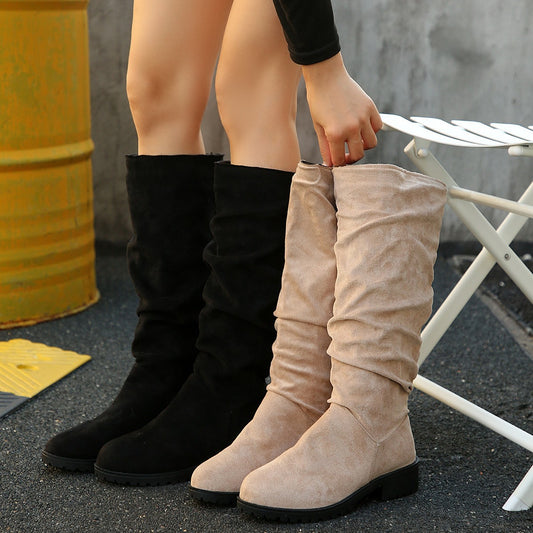 Suede Pleated Round-toe Over-the-knee Boots