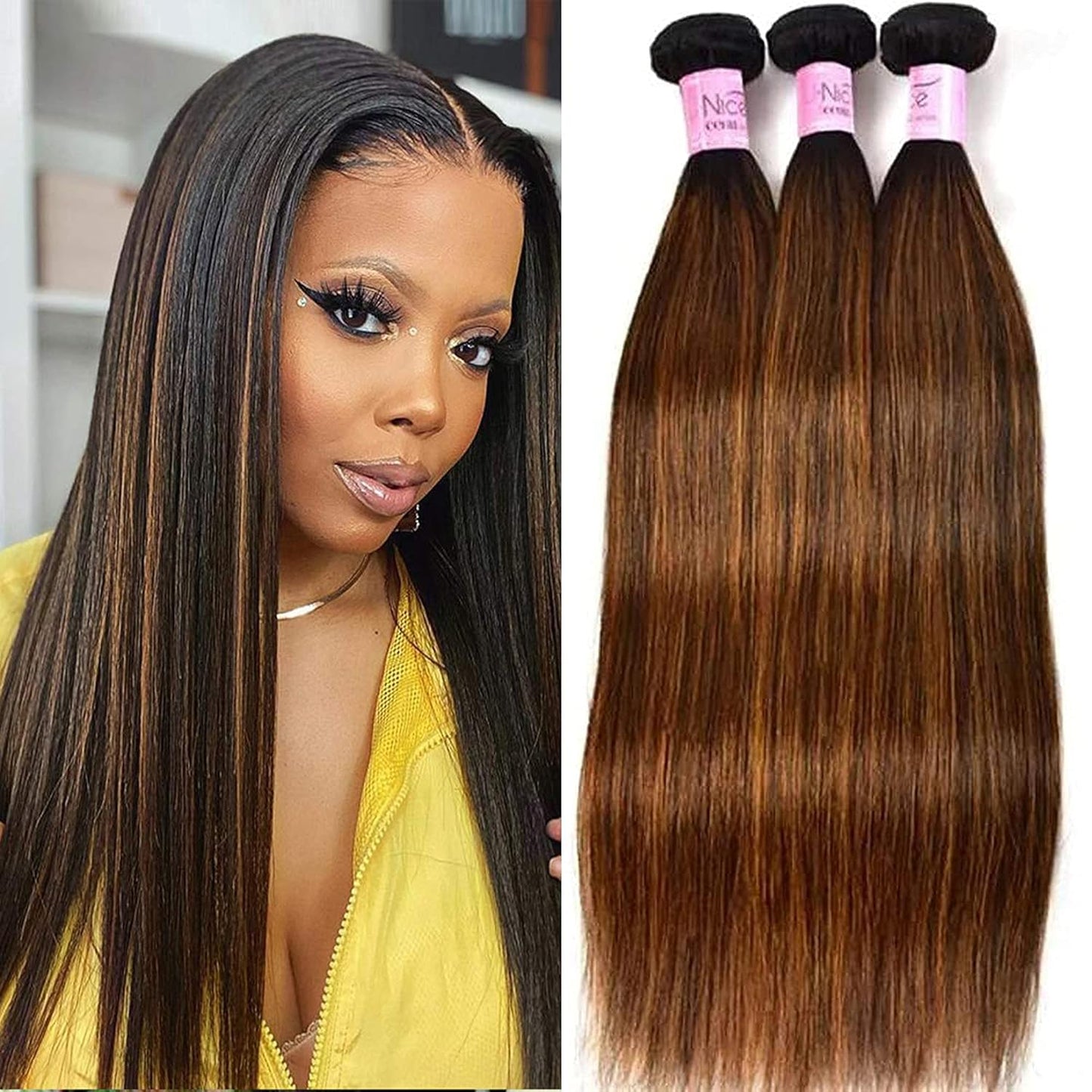 Brown Blonde Straight Human Hair Weave 3 Bundles, Brazilian 100% Virgin Unprocessed Remy Hair Ombre Highlight Color Hair Extensions 100G/Pc (10 12 14)