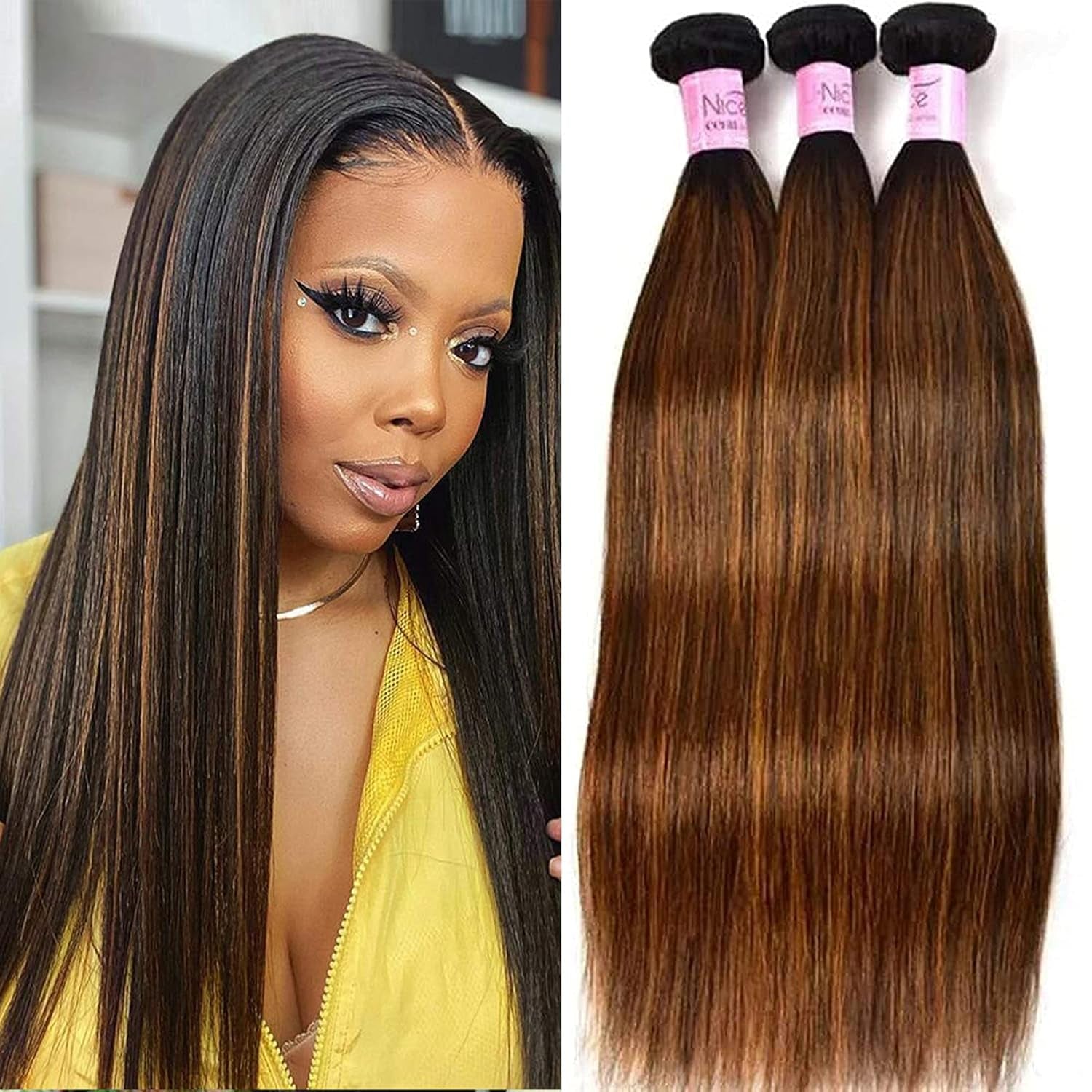Brown Blonde Straight Human Hair Weave 3 Bundles, Brazilian 100% Virgin Unprocessed Remy Hair Ombre Highlight Color Hair Extensions 100G/Pc (10 12 14)