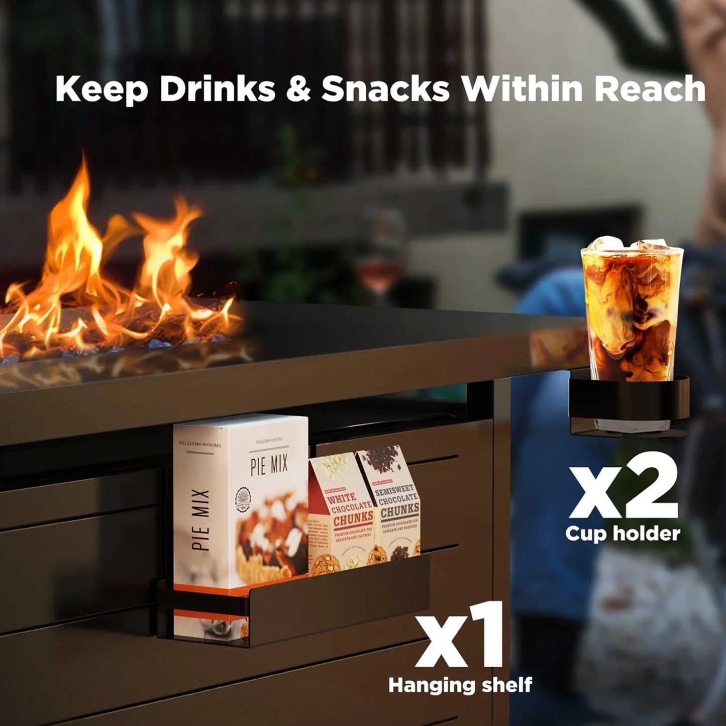 43" Propane Fire Pits for outside 60,000 BTU Gas Fire Pit Table for outside with Lid , Glass Beads, Cup Holders, Hanging Shelf & Nylon Cover, Rectangle