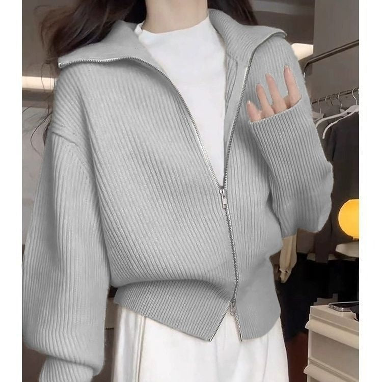 Womens Double Zippered Lapel Knitted Cardigan For FallWinter Soft Cozy And Perfect As A Short Outer Layer Or Top